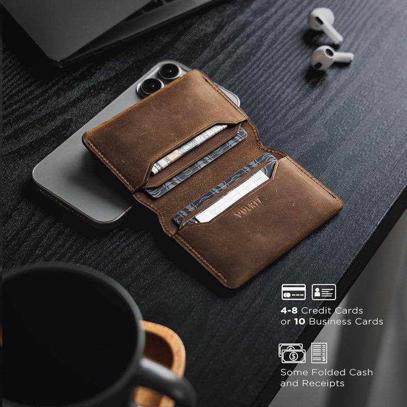 VULKIT حامل بطاقات رفيع وأنيق مع حماية RFID من الجلد، محفظة بطاقات ائتمان لحقيبة الجيب الأمامية، إغلاق مغناطيسي، نسخة مصنوعة يدويًا من جلد البقر - Image 3